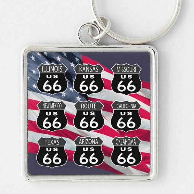 Porte-clés Itinéraire 66 avec le drapeau des USA (Devant)