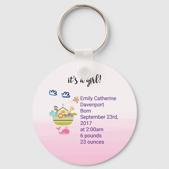 Porte-clés It's A Girl Cute Zoo Animal Ark Birth Announcement (Recto)