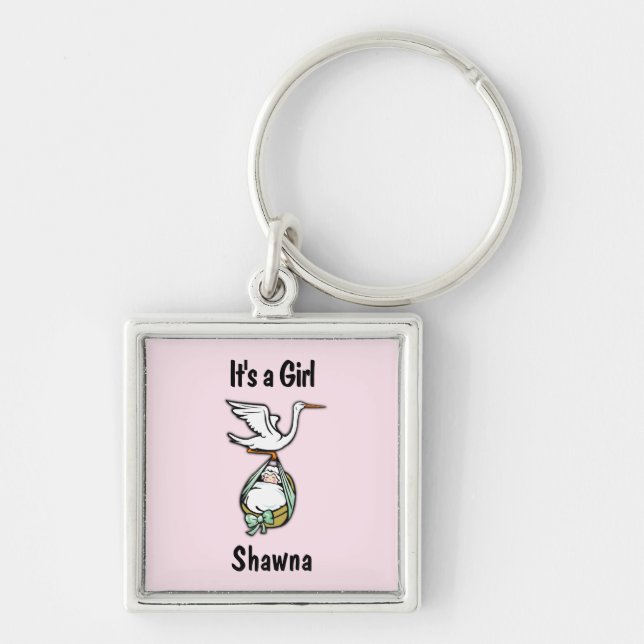 Porte-clés It's a Girl the Stork is Bringing  Add Custom Name (Devant)