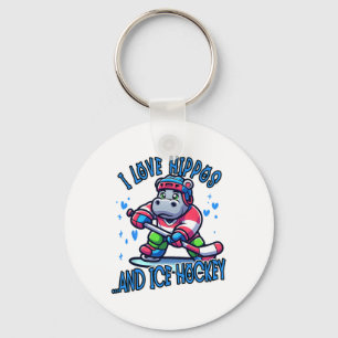 Porte-clés J'adore les hippopotames et le hockey sur glace Dr