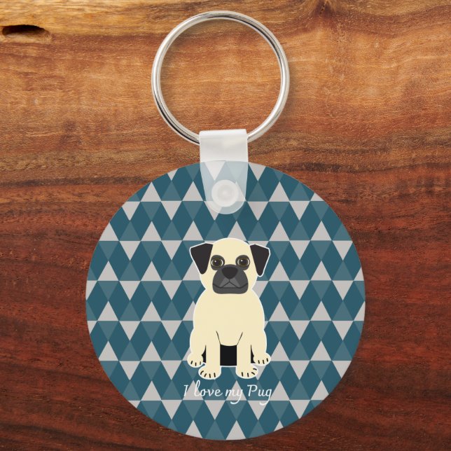 Porte-clés J'adore mon Pug, motif diamants bleus (Recto)