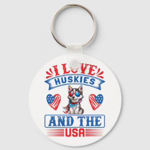 Porte-clés J'aime les Huskies sibériens et les USA