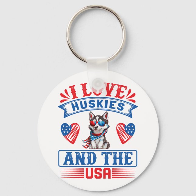 Porte-clés J'aime les Huskies sibériens et les USA (Recto)