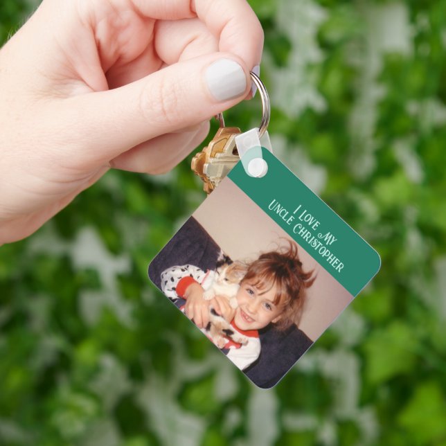 Porte-clés J'aime mon oncle ajouter des photos nom vert gris (main)