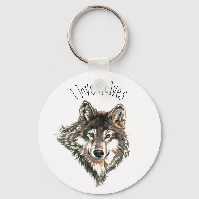 Porte-clés J'aime Wolf Aquarelle Gris Loup Animal Art (Recto)