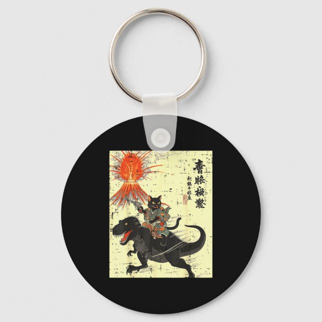 Porte-clés Japanese Black Cat On Trex Funny Ukiyo-e Boys Kids (Recto)