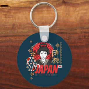 Porte-clés Japon Vintage Geisha avec drapeau Koi et Lotus Sou