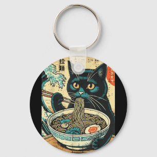 Porte-clés Japonais Chat Ramen Grande Vague Art Vintage Nourr