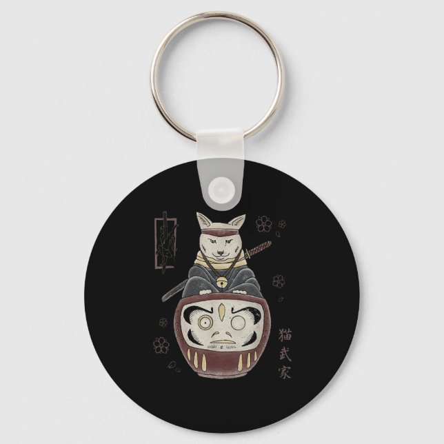 Porte-clés Japonais Samurai Ninja Chat Sur Daruma Traditionne (Recto)