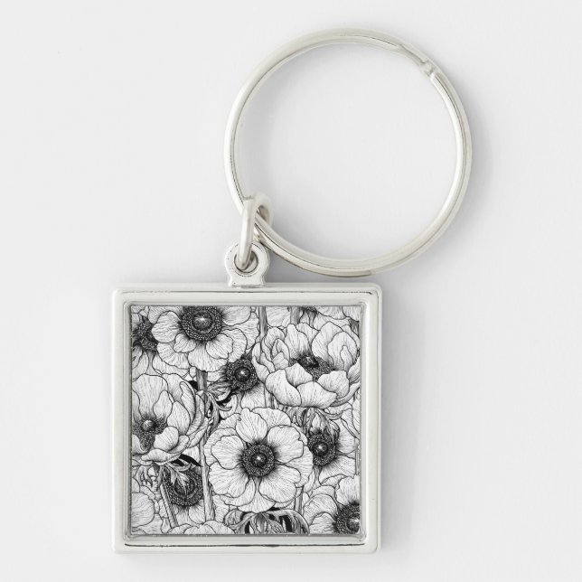 Porte-clés Jardin d'anémones en noir et blanc (Devant)