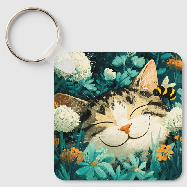 Porte-clés Jardin de fleurs de chat endormi aquarelle abeille (Recto)