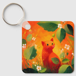 Porte-clés Jardin de fleurs sauvages au chat rouge fantaisist