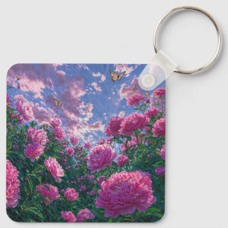Porte-clés Jardin de pivoines roses rêveur et papillons