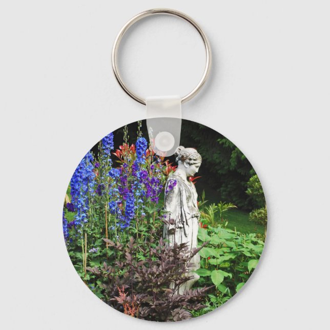 Porte-clés Jardin fleuri de delphinium bleu et statue (Recto)