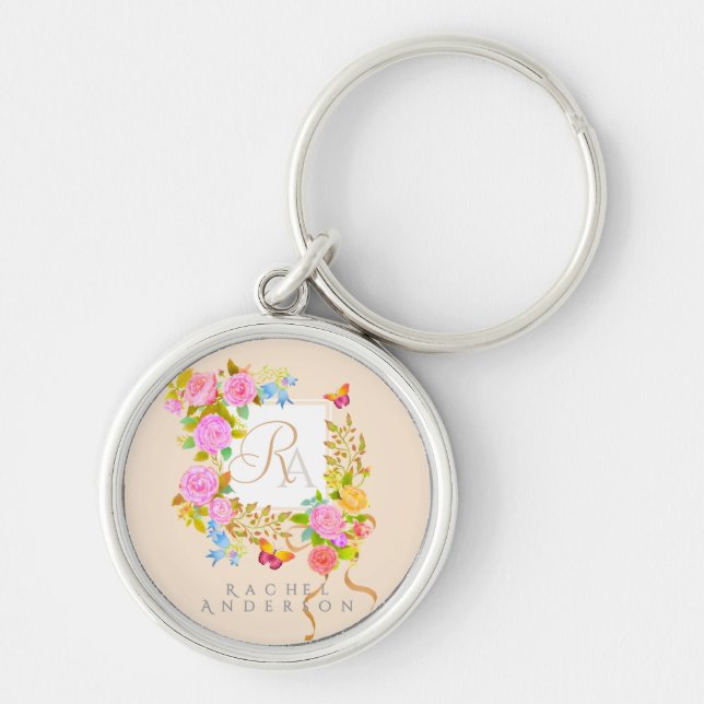 Porte-clés Jardin fleuri romantique avec monogramme  (Devant)
