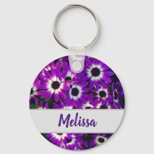 Porte-clés Jardin Fleurs violettes brillantes Ajouter Nom Flo