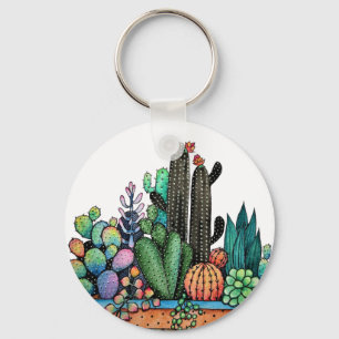 Porte-clés Jardin mignon de cactus d'aquarelle dans le pot