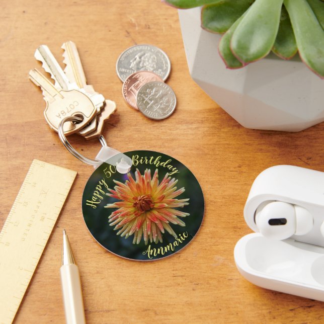 Porte-clés Jaune et Orange Dahlia Joyeux 50e anniversaire (Bureau)