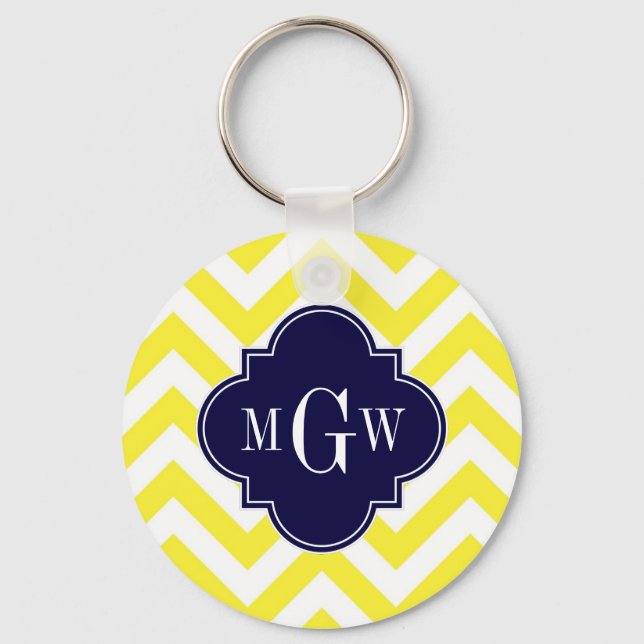 Porte-clés Jaune Lg Chevron Navy Quatrefoil 3 Monogramme (Recto)