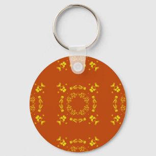 Porte-clés Jaune, Orange Floral Damas Motif rétro