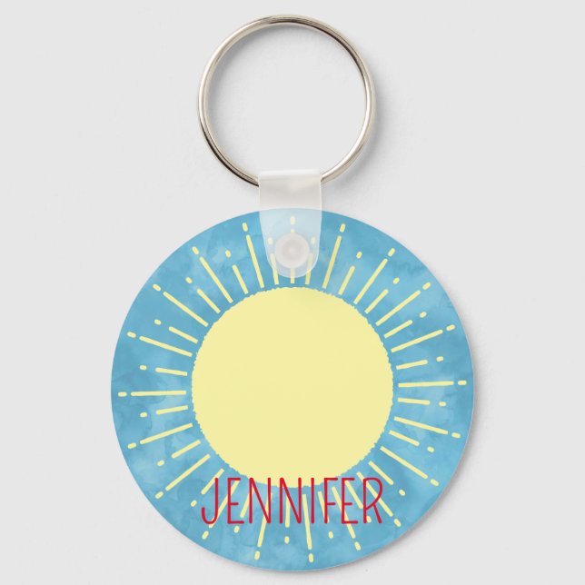 Porte-clés Jaune Sunshine Dans Ciel Bleu Nom Modifiable  (Recto)