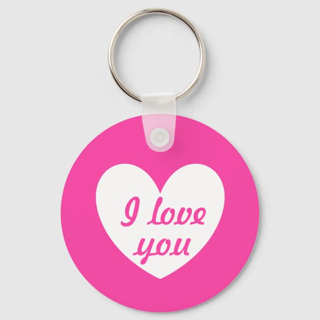 Porte-clés "Je t'aime" Blanc sur cœur fuchsia (Recto)