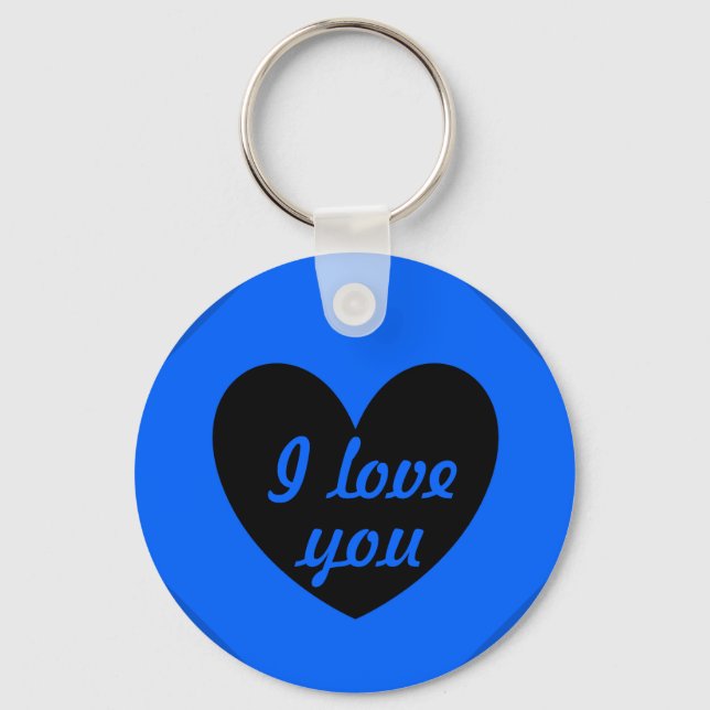 Porte-clés "Je t'aime" Coeur noir sur bleu (Recto)