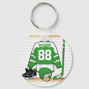 Porte-clés Jersey de hockey sur glace blanc et vert personnal