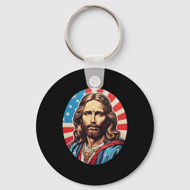 Porte-clés Jésus républicain – Pop Art audacieux avec drapeau (Recto)