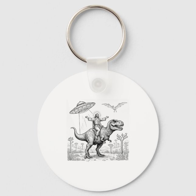 Porte-clés Jesus Riding Dinosaur T-rex Ufo Hunting Alien Sci- (Recto)