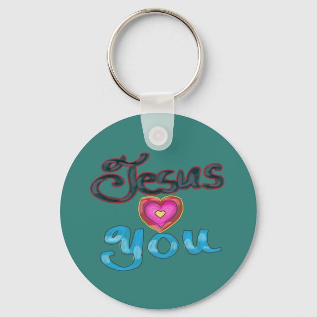 Porte-clés ‘Jésus vous aime’ Turquoise Nom personnalisé  (Recto)