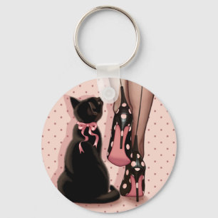 Porte-clés Jeune femme élégante et chat noir
