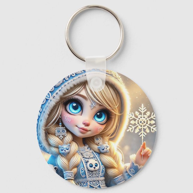 Porte-clés Jeune fille des neiges avec flocon de neige scinti (Recto)