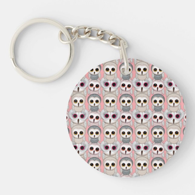 Porte-clés Jeunes Hiboux sur Motif Rose (Devant)