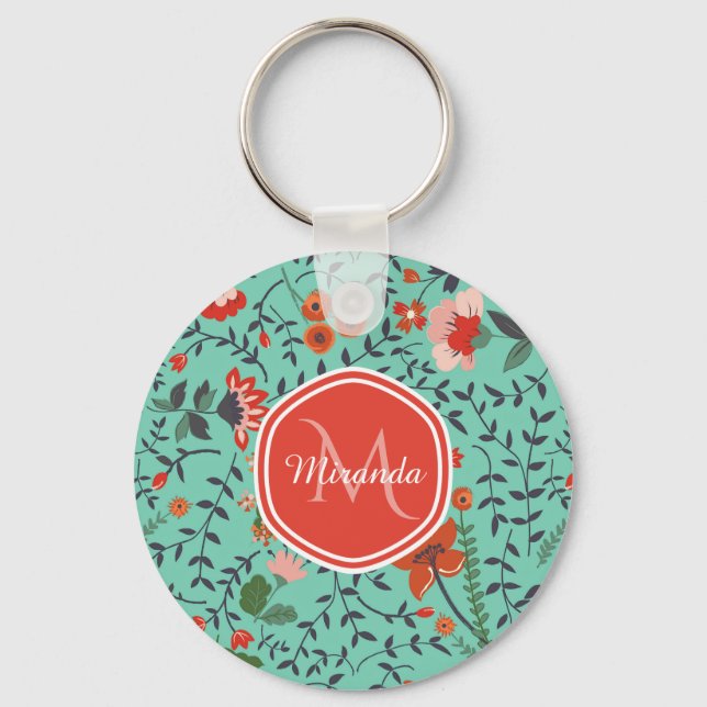 Porte-clés Joli Aquamarine Orange et Rouge Floral Monogramme (Recto)