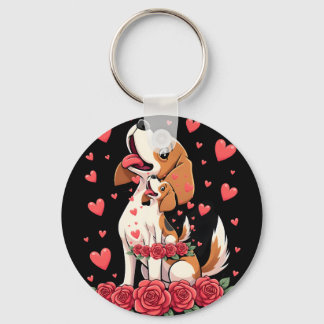 Porte-clés Joli Beagle avec cœurs de roses rouges floraux pou