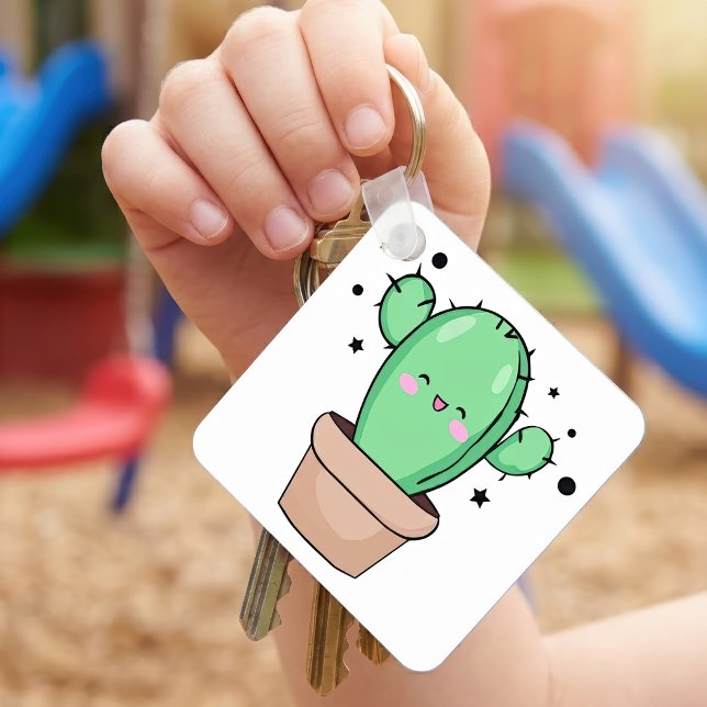 Porte-clés Joli bébé cactus Kawaii souriant dans un vase avec (Cute smiling Kawaii Baby Cactus in vase with stars. Keychain)