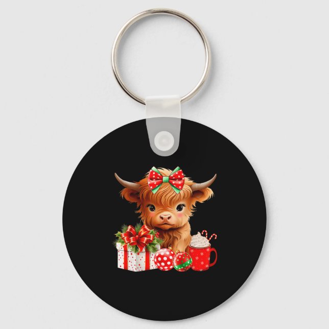 Porte-clés Joli bébé vache des Highlands Joyeux Noël vache de (Recto)