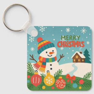 Porte-clés Joli bonhomme de neige rustique vert vintage