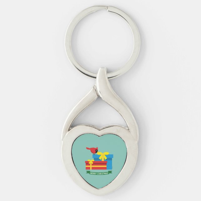 Porte-clés Joli Cardinal Rouge Ouverture D'Un Cadeau Bleu (Devant)