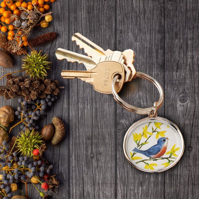 Porte-clés Joli Chanteur Oiseau Bleu Arbre (Cute blue and red singing bird on branch yellow flowers on keychain.)