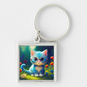 Porte-clés Joli Chat Bleu Portant des Lunettes-47067
