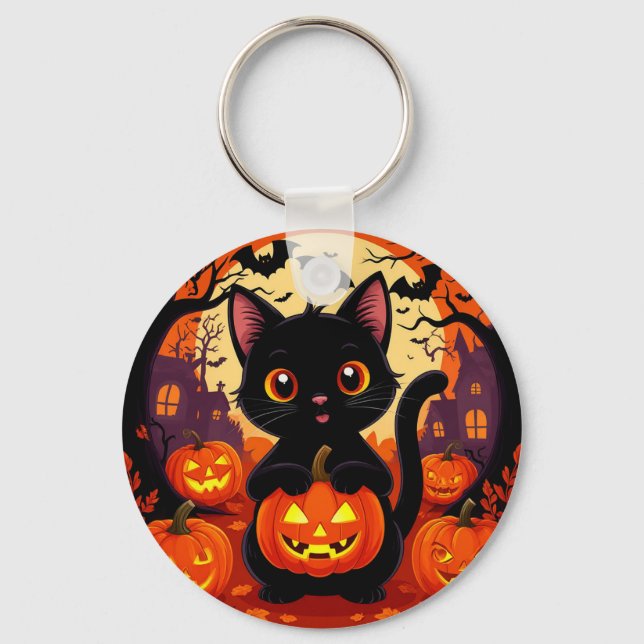 Porte-clés Joli Chat Noir avec des Citrouilles d'Halloween (Recto)