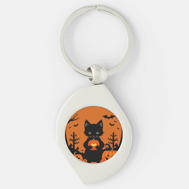 Porte-clés Joli Chat Noir avec des Citrouilles d'Halloween (Devant)