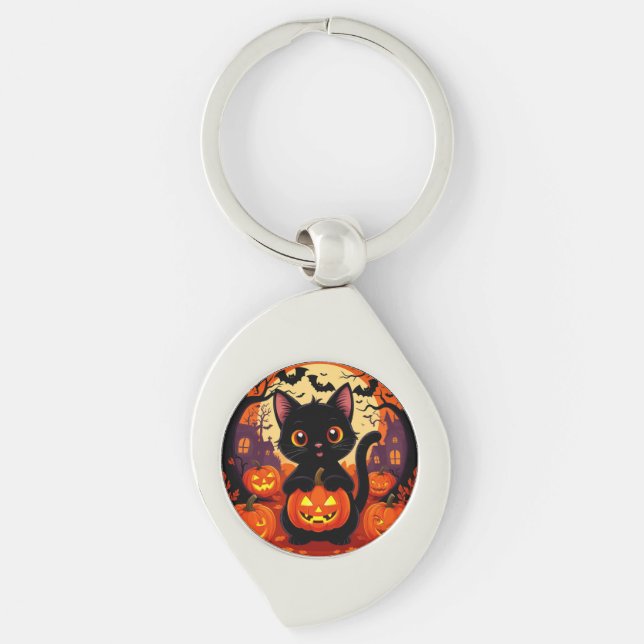 Porte-clés Joli chat noir avec des citrouilles d'Halloween (Devant)