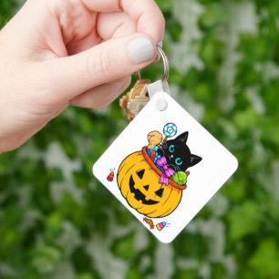 Porte-clés Joli Chat Noir dans une Citrouille Jack-O'-Lantern