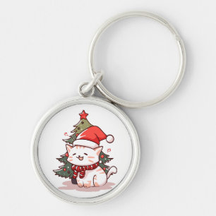 Porte-clés Joli chat portant un chapeau de Père Noël près de