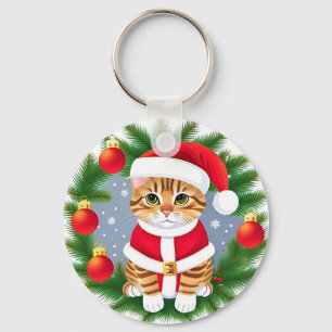 Porte-clés Joli chat tigré en tenue de Père Noël