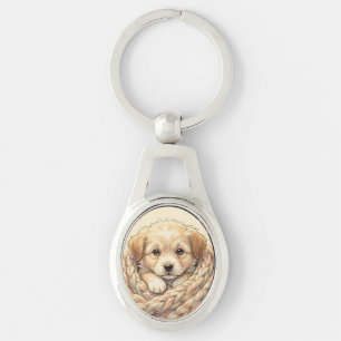 Porte-clés Joli chiot enveloppé dans une couverture tricotée