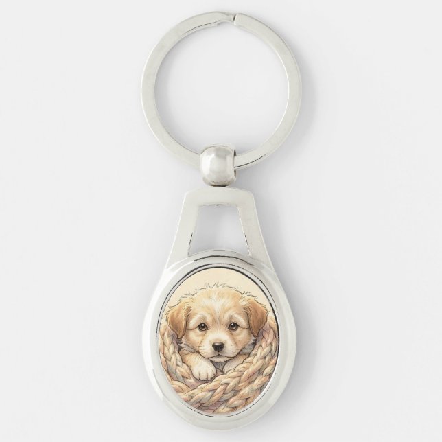 Porte-clés Joli chiot enveloppé dans une couverture tricotée (Devant)